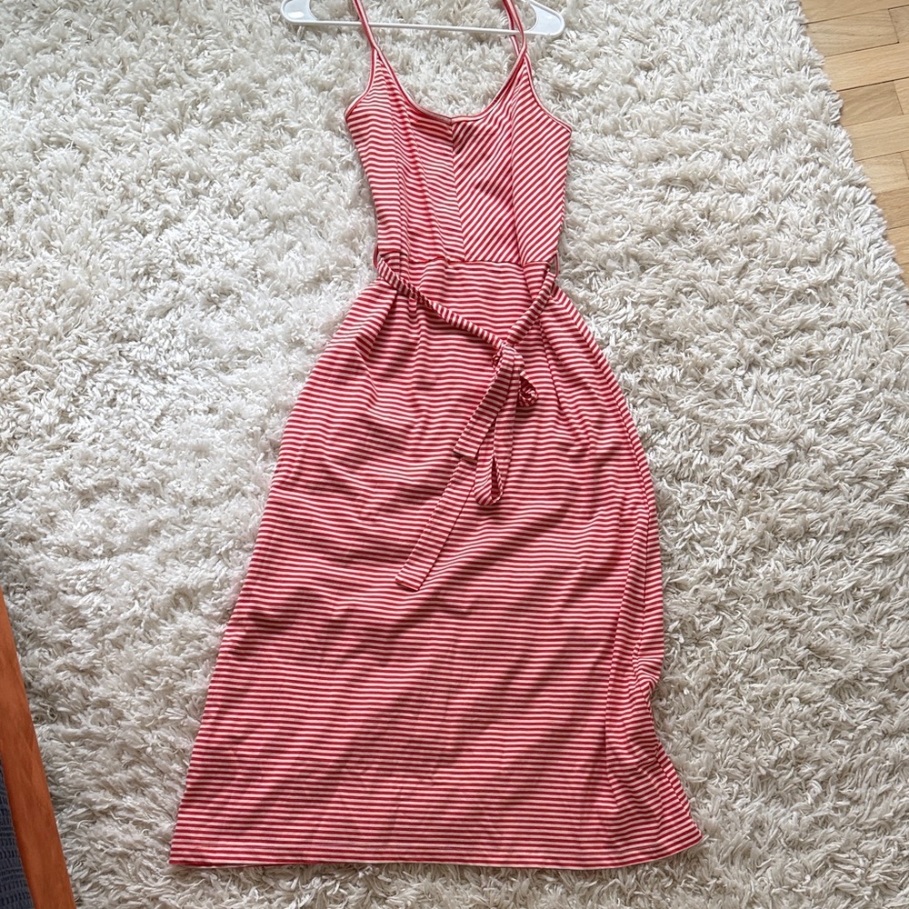 Striped Red & White Sleeveless Dress with Waist Tie - Picture 4 of 4